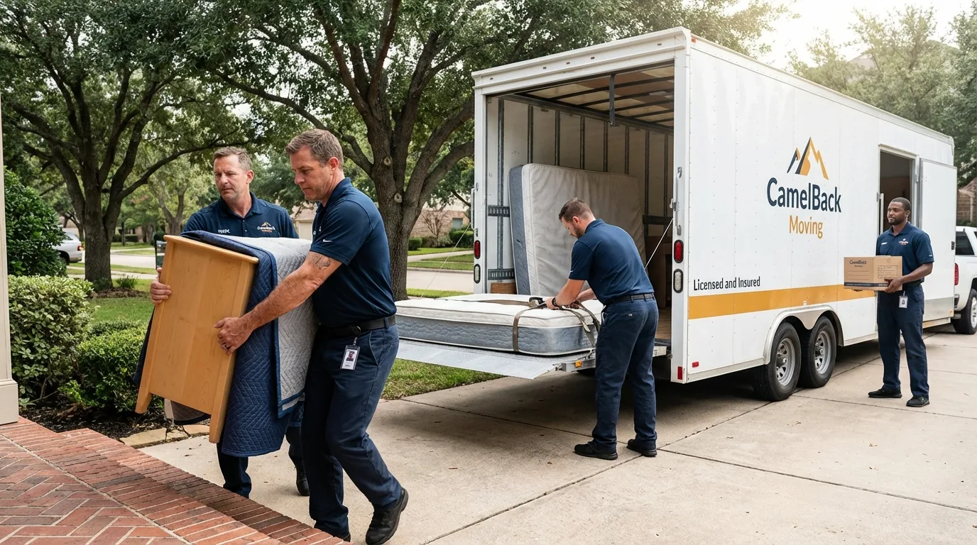 Crew loading residential truck for cross-state move from Arcadia, WI