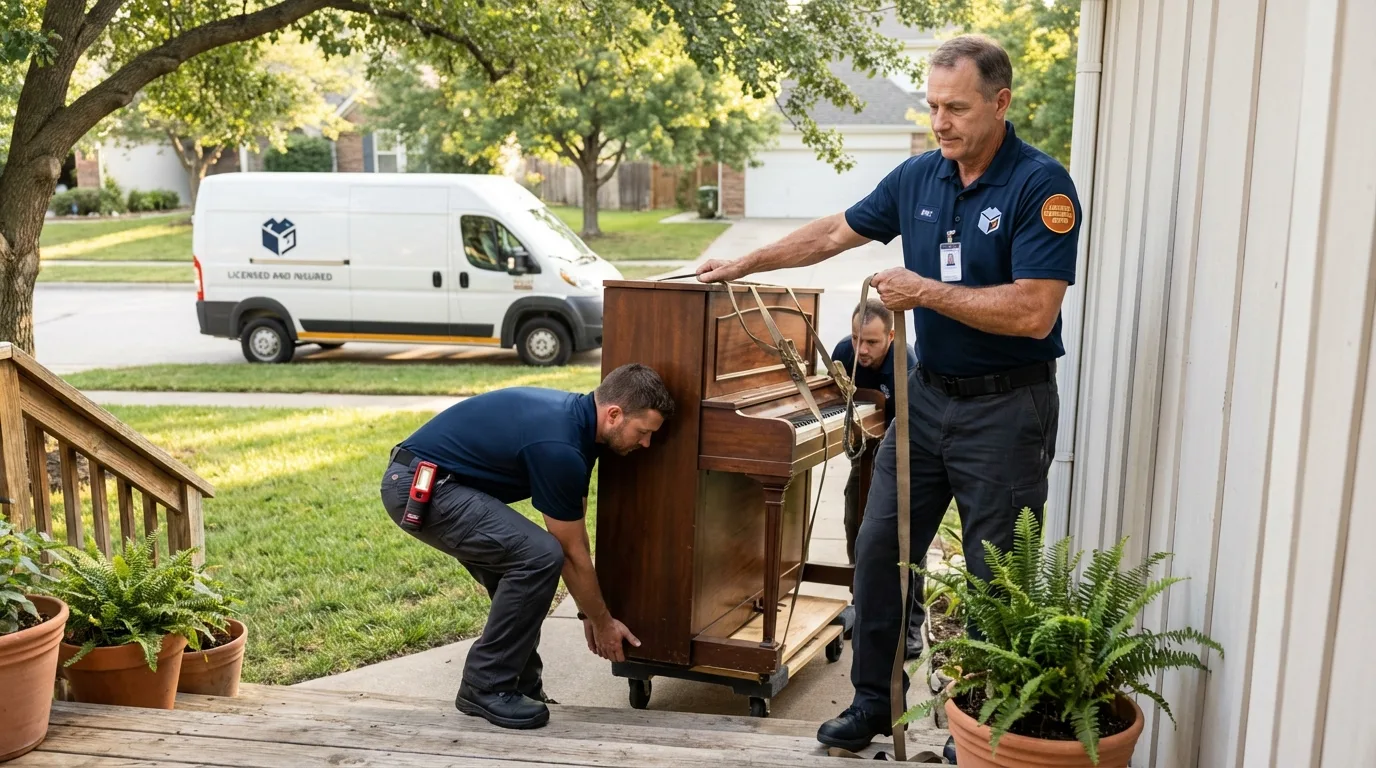 Licensed piano movers securing grand piano in Arcadia, WI