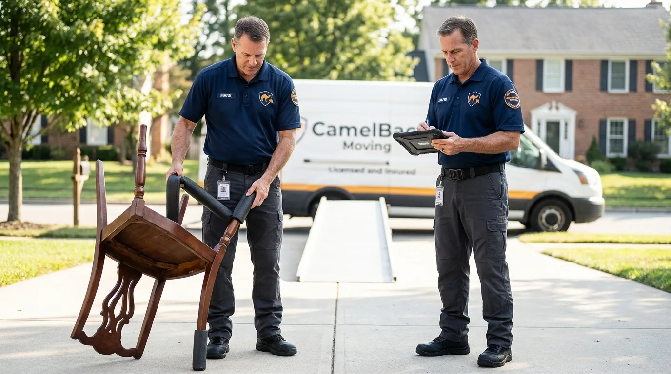 Movers inspecting furniture for damage prevention before loading in Arcadia, WI