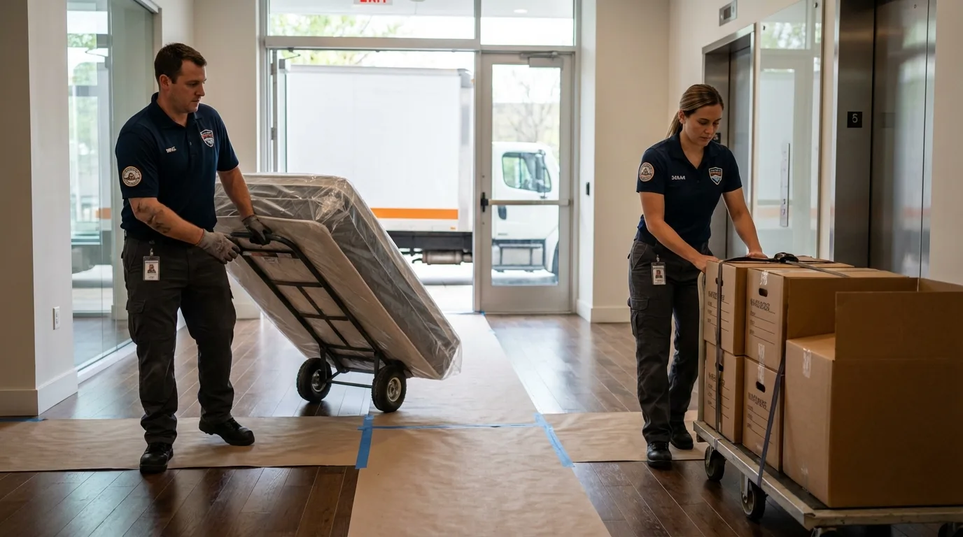 Professional apartment movers loading elevator in Arcadia, WI