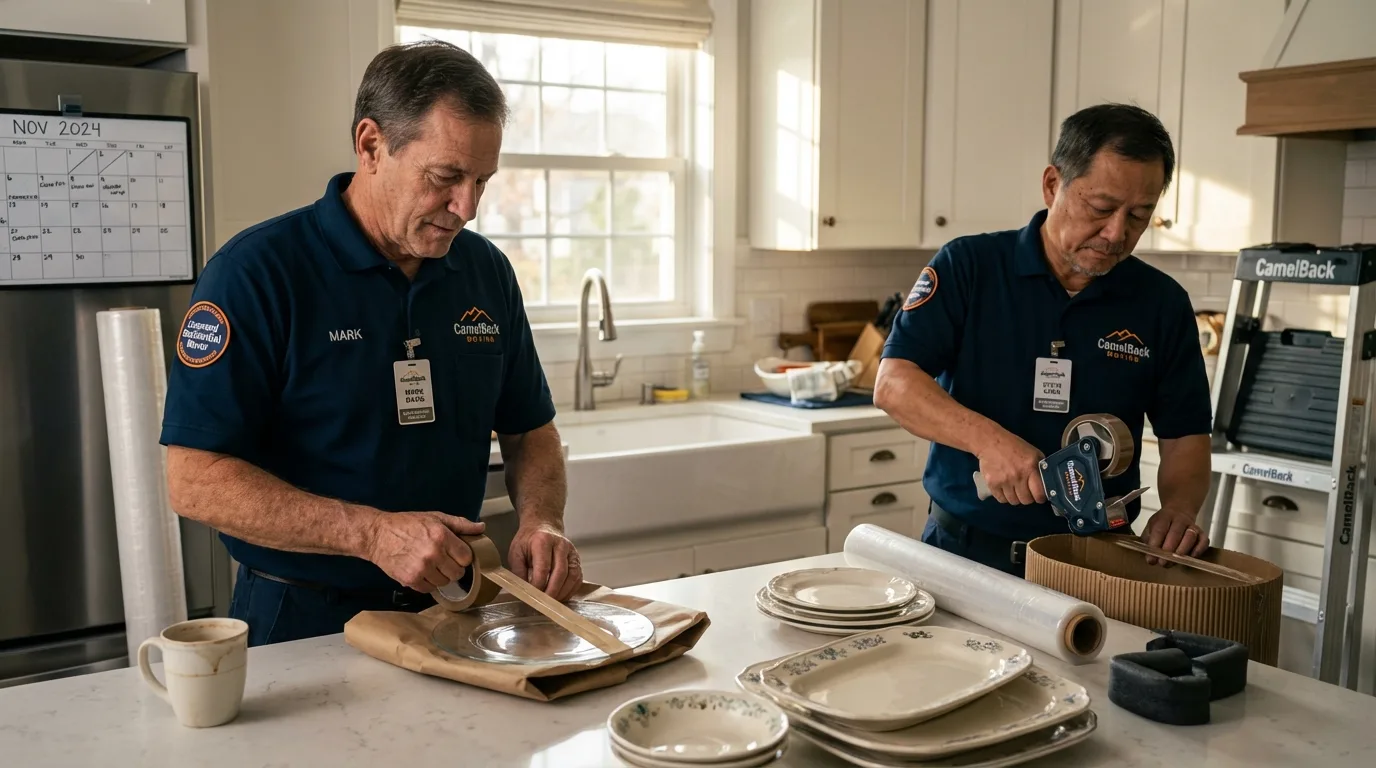 Professional crew packing kitchen dishware in Arcadia, WI